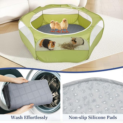 2-in-1 Small Animals Playpen with Pad, Waterproof Small Pet Cage Tent with Reusable Pad, Portable Outdoor Yard Fence with 3 Metal Rod for Chick/Kitten/Puppy/Guinea Pig/Rabbits/Chinchillas, Green