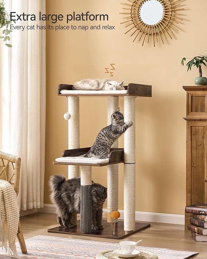 FourFurPets 43.7" Cat Tree, Modern Cat Tree Tower, Cat Tower for Indoor Cats Large Adult, Cat Condo with Scratching Post, Large Perch and Removable Pads,Rustic Brown