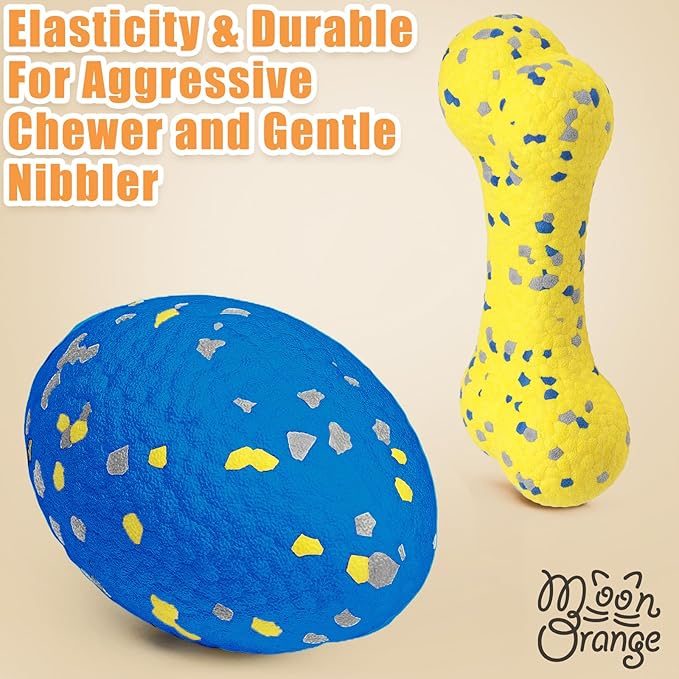 2Pcs Upgrade Bone Dog Balls+Rugby Dogs Toys for Aggressive Chewers, Indestructible Tennis Balls for Dogs (Blue+Yellow)