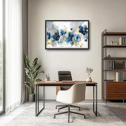 Extra Large Framed Abstract Blue Flower Wall Art,Oversized Golden Grey Floral Wall Decor Pictures for Living Room,Canvas Print Painting Modern Artwork Bedroom Office Bathroom Home Decor 36L" x 24W"