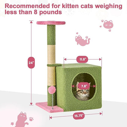 24 Inch Cat Tree Condo for Indoor Cats with Floral Sisal Scratching Post, Plush Hang Ball Play Furniture for Kittens Cats, Pink