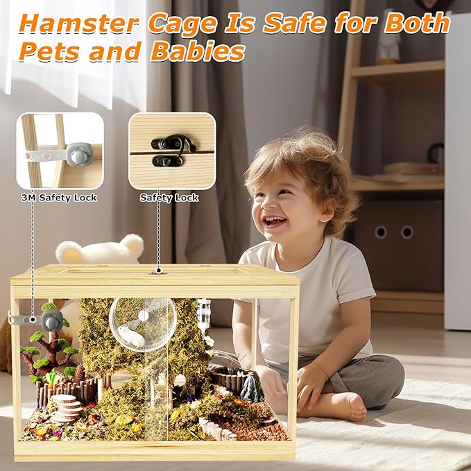 24" Hamster Cage, Lockable Sliding Door Gerbil Cage, Dwarf Hamster Cage with Metal Mesh Roof, Mice and Small Animal Habitat, Chewproof Syrian Hamster Enclosure, (Wooden, 24" L x 16" W x 16" H)