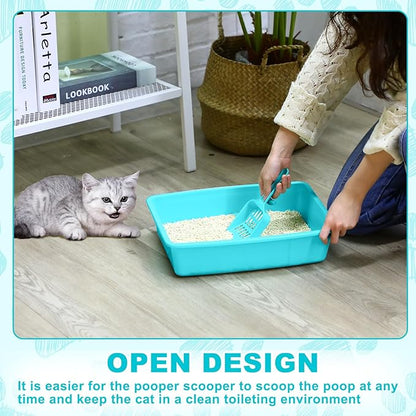 Amyhill 5 Pcs Open Cat Litter Box Kitten Litter Pan with 5 Scooper Medium Plastic Pet Tray Durable Nonstick Kitten Box for Indoor Pets Cats Rabbit Supply Easy to Clean, 14.6x10.6x3.4 Inch (Blue)