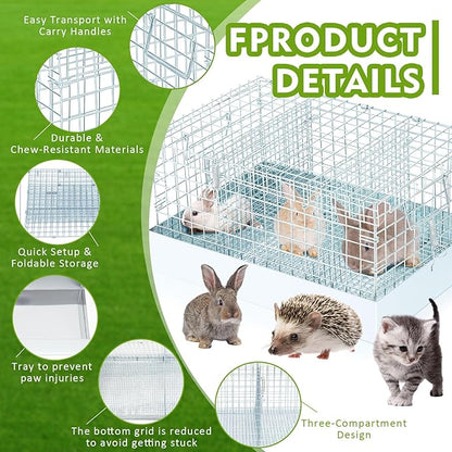 Folding Rabbit Cage, 18 x 12 x 10 in Portable Bunny Carrier with Tray and Handles for Transport, Travel or Temporary Housing, Indoor Outdoor Pet Habitat Animal Enclosure