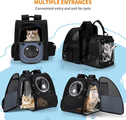 Expandable Pet Carrier Backpack with Transparent Bubble Window, Gray Mesh Travel Bag, Portable Space Capsule Design with Foldable Dogs Carrier for Pets (Black)