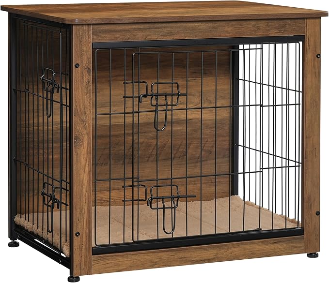 DWANTON Dog Crate Furniture with Cushion, Wooden Kennel Table with Double Doors, Indoor Dog House, Small/Medium/Large Size, 27.2" L, Warm Brown