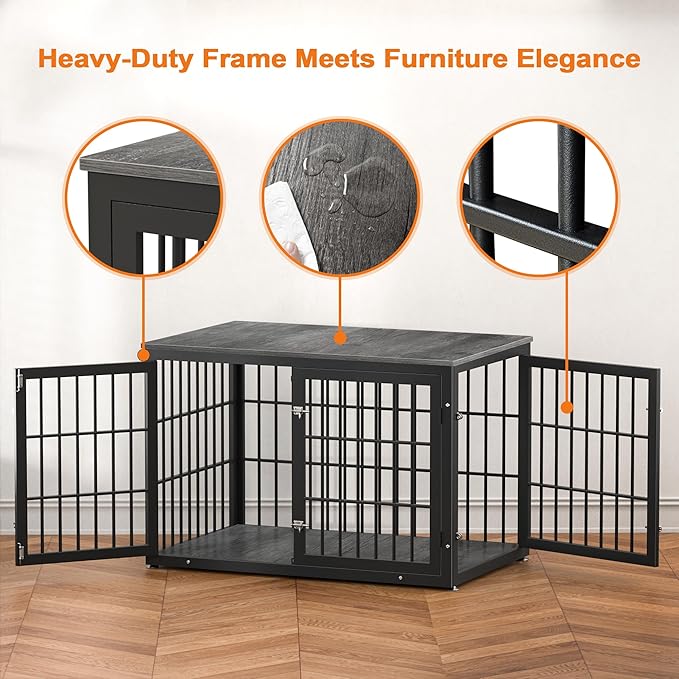 48 Inch Heavy Duty Dog Crate Furniture for Large Dogs, Decorative Pet House End Table, Extra Large Wooden Cage Kennel Furniture Indoor, Black and Gray