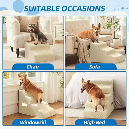 Dog Stairs 3-Step for Small Dogs and Cats to Get on Bed and Furniture/Windows, Pets Can Climb, Sit, or Perch to Look Out Windows, Extra Wide Dog Steps, Non-Slip Waterproof Fabric Cover, Beige（15.7" H）