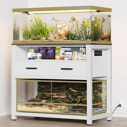 40-50 Gallon Fish Tank Stand with Power Outlet & 2 Storage Drawers, Heavy Duty Metal Frame Aquarium Stand with Waterproof Mat, 36.6" L*19.1" W Tabletop, 800LBS Capacity, White+Brown