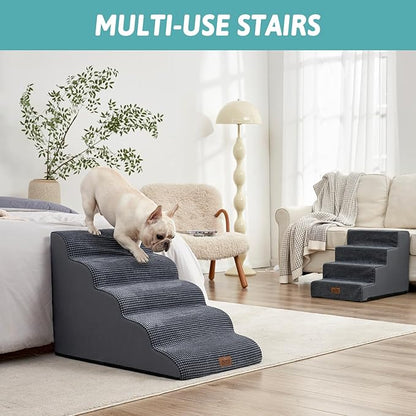 Extra Wide Dog Stairs 19.7" Width, Large Pet Step for Small Medium Dog, Puppy or Cat, Ramp for High Bed or Car, High Density Foam Ladder, Stable, 5 Step, 19.7x33x22.4 in, Dark Grey