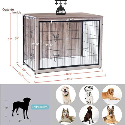 DWANTON Dog Crate Furniture with Cushion, Wooden Kennel Table with Double Doors, Indoor Dog House, Extra Large Size, 43.3" L, Greige