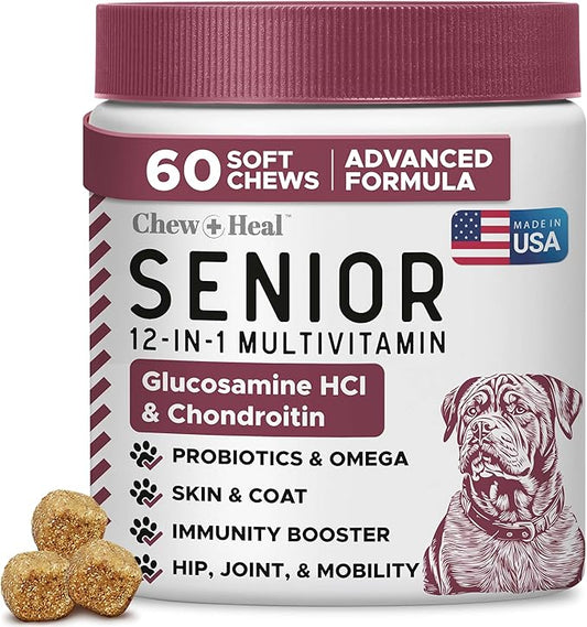 12-in-1 Multivitamin for Senior Dogs - 60 Senior Dog Vitamin and Supplement Soft Chews for Hip and Joint - Advanced Formula with Glucosamine, Omega 3,6,9, Vitamins, Probiotics - Made in The USA