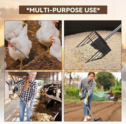 2 in 1 Chicken Poop Scooper Rake , 2 Rakes and 4 Sections Adjustable Stainless Steel Handle 37.4 - 68.9 Inch, Litter Scoop Chicken Coop Scoop for Animal Farm and Poultry Habitats with Gloves