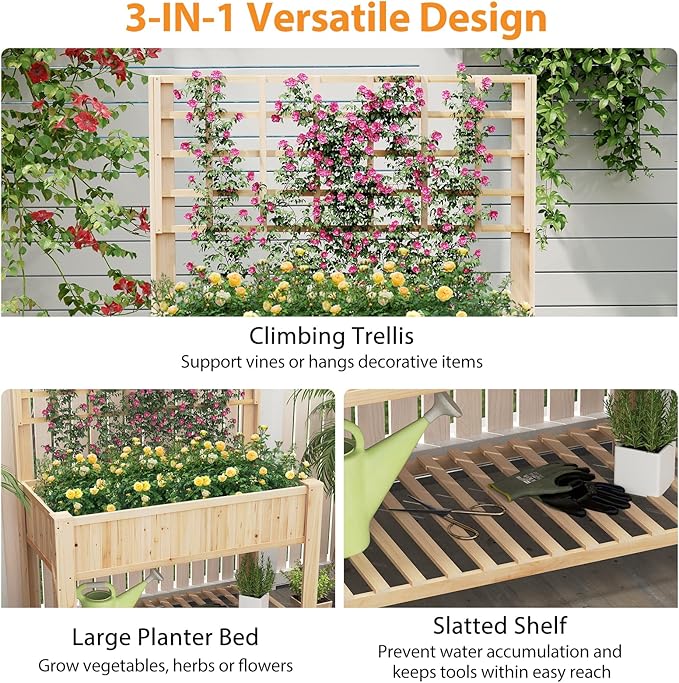 Giantex Raised Garden Bed with Trellis, Wooden Elevated Planter Box with Legs, Drainage Holes for Climbing Plants Vines Vegetables Flowers Herbs, Outdoor Horticulture Planter for Patio Yard