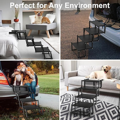 Extra Wide Dog Stairs for Large Dogs, Foldable Dog Ramp for Car with Non-Slip Surface, Lightweight Dog Stairs for Cars, Dog Steps for Cars, SUV, High Beds, Truck, Supports up to 250 lbs, 4 Steps