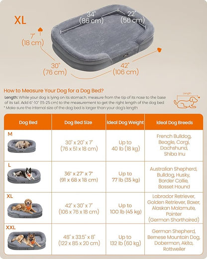 Feandrea Dog Bed, Large Orthopaedic Dog Sofa Bed, 42 x 30 x 7 Inches, Egg Crate Foam, Waterproof Liner, Raised Edges, Removable and Machine Washable Cover, Non-Slip, Light Gray UPGW283G01