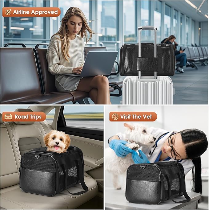 Fashion Leather Dog Carrier, Airline Approved Cat Carrier Soft Sided Pet Bag Carrier Purse for Puppy Kitten Small Animals Black