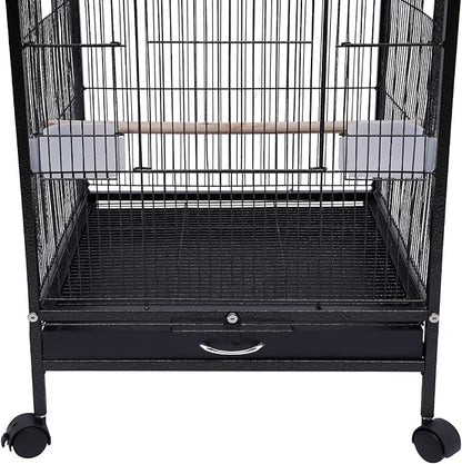 40-Inch Wrought Iron Bird Cage with Open-Top and Rolling Stand, Movable Parrot Cage Pet Bird Flight Cage, 360 Degree View Spacious Interactive Roof Pet Bird House for Medium&Small Birds