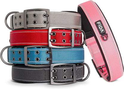 Fida Heavy Duty Dog Collar 1.5” Width, Ultra Soft Neoprene Padded, Adjustable Reflective Nylon Pet Collar with Two Metal Pin Belt Buckle for Large/X-Large Breeds (XL, Grey)