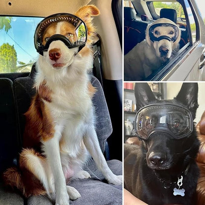Dog Sunglasses UV Protection Clear Dog Goggles Windproof Glasses with Elastic Straps for Medium-Large Breed, Black Frame + Clear Lens