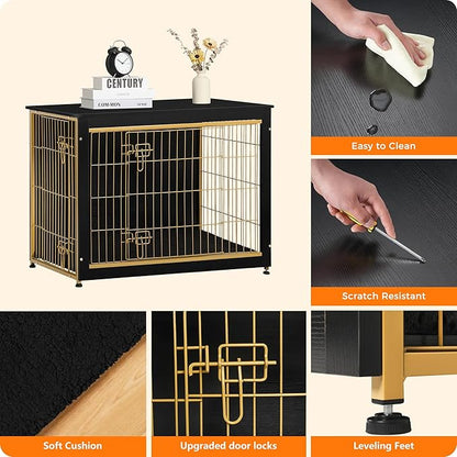 DWANTON Dog Crate Furniture with Cushion, Wooden Kennel Table with Double Doors, Indoor Dog House, Large Size, 38.5" L, Black+Gold