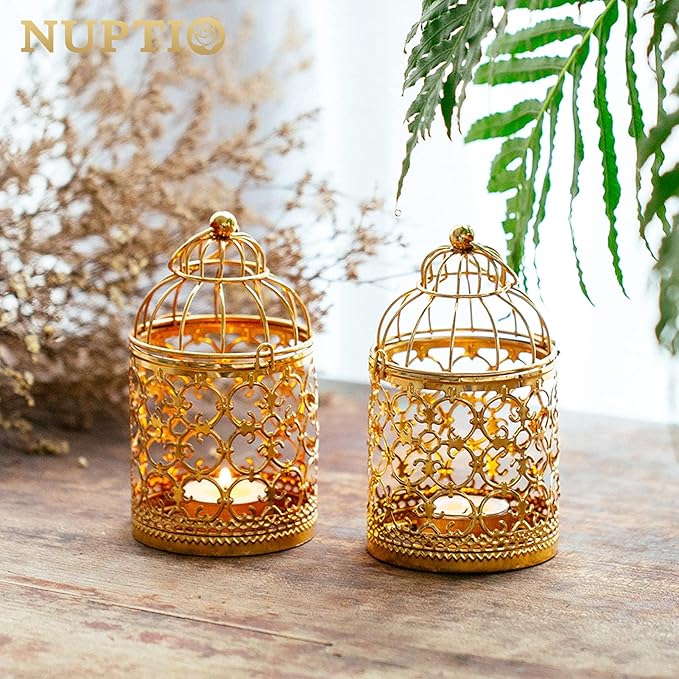 6 Pcs Small Metal Tealight Hanging Birdcage Lantern, Vintage Decorative Centerpieces of Wedding, Party, Gold