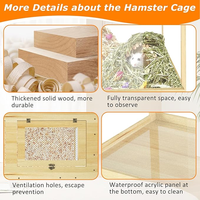 32" Hamster Habitat Enclosure, Lockable Sliding Door Gerbil Cage, Dwarf Hamster Cage with Metal Mesh Roof, Chewproof Syrian Hamster Cage for Mice, Small Animal, (Wooden, 32" L x 16" W x 16" H)