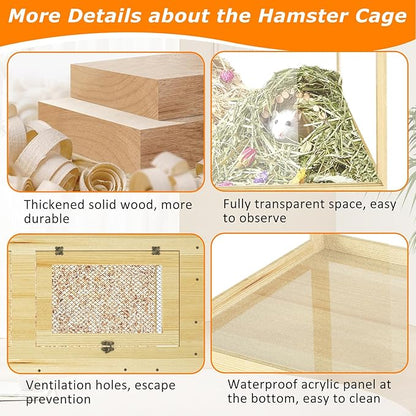 32" Hamster Habitat Enclosure, Lockable Sliding Door Gerbil Cage, Dwarf Hamster Cage with Metal Mesh Roof, Chewproof Syrian Hamster Cage for Mice, Small Animal, (Wooden, 32" L x 16" W x 16" H)