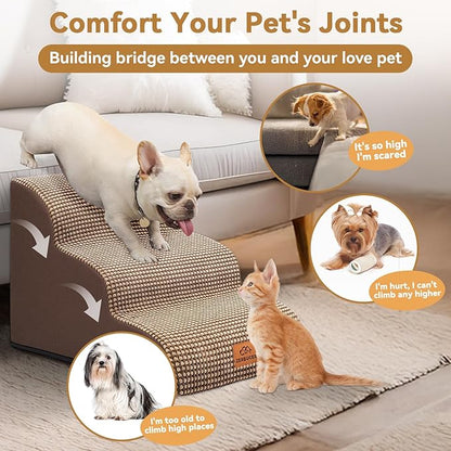 Dog Ramp and Stair for Bed 16" H-20 H,3-Step Cat Stair for Sofa and Chair,4-Step Dog Ramp for High Bed and Window,Durable Nonslip Fabric Cover for Indoor (Coffee-16 H, Pet Friendly, 3)