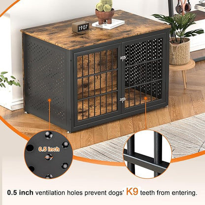 48" Rustic Heavy Duty Dog Crate Furniture for Extra Large Dogs, Metal Kennel for High Anxiety Dogs, Wooden Cage Furniture Indoor, Decorative Dog Kennel End Table, XL