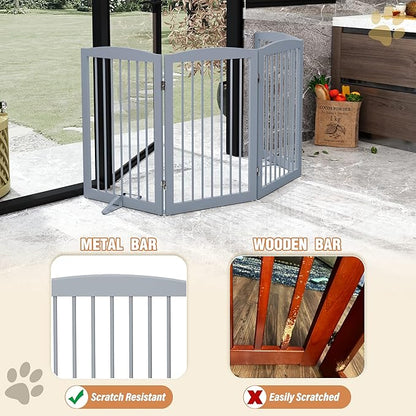Freestanding Wooden Pet Gate - Foldable Indoor Dog Gate, 80 Inch Wide, 4 Panels, Grey