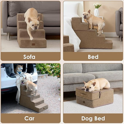 EHEYCIGA Dog Stairs for High Bed 22.5" H, 5-Step Dog Steps for Bed, Pet Steps for Small Dogs and Cats, Non-Slip Balanced Pet Ramp Indoor, Camel