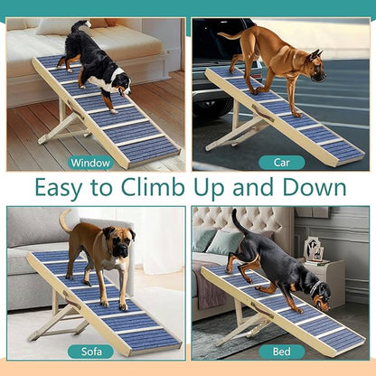 Dog Ramp for Bed, Upgraded 46.8" Long Portable Dog Ramp for Couch, Wood Folding Pet Ramp for All Breeds Large Old Dogs to Get on Bed, 5 Adjustable Heights 14.8" to 26.2" (Wood, Up to 150lbs)
