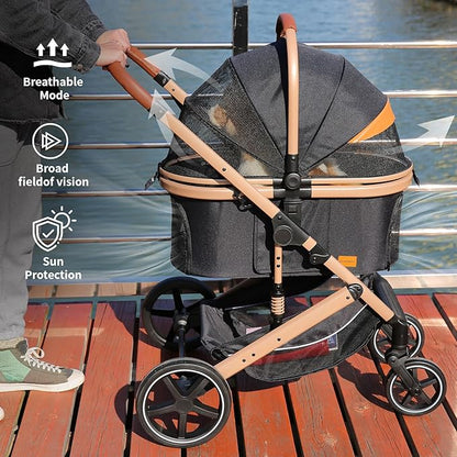 EchoSmile 4 in 1 Pet Stroller, Folding Lightweight Cat & Dog Stroller with Detachable Carrier, NO-Zip 180° Reversible Canopy, All Terrain 4-Wheel,45 lbs Capacity for Small to Medium Dogs