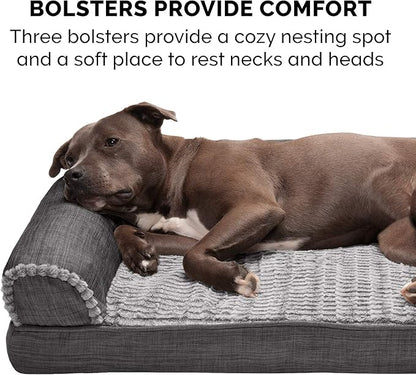 Furhaven Orthopedic Dog Bed for Large Dogs w/ Removable Bolsters & Washable Cover, For Dogs Up to 125 lbs - Luxe Faux Fur & Performance Linen Sofa - Charcoal, Jumbo Plus/XXL