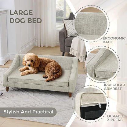 Dog Sofa Couch for Medium to Large Dogs, Durable Pet Sofa with Washable Fabric, Elevated Mini Dog Bed with Wooden Legs for Medium and Large Dogs, Beige