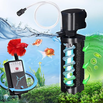 Aquarium Filter U-V w/Scientific 3,6,12,24H Timer 200GPH for 20-75Gal Fish Turtle Tank Bio Sponge Internal Filter Power Pump Deodorization Saltwater Freshwater Killing Green Clean Machine Air Supply