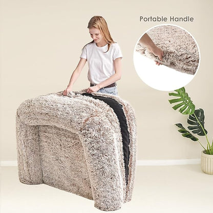 EHEYCIGA Foldable XXL Dog Bed, Faux Fur Fluffy Pet Couch Bed for Extra Large Dogs, Orthopedic Calming Memory Foam Pet Bed, Washable Soft Pet Sofa Bed with Non-Slip Bottom, Faded Brown, 54"x38"x7.5"