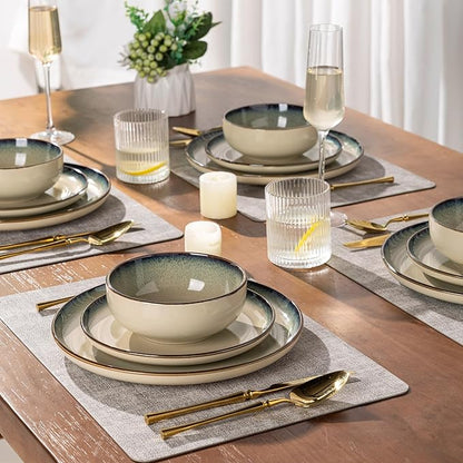 GBHOME Ceramic Dinnerware Sets for 4, 12 Pieces Stoneware Plates and Bowls Sets, Scratch Resistant Dishes, Dishwasher & Microwave Safe, Reactive Glaze-Gravel