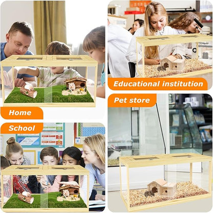 32" Hamster Habitat Enclosure, Lockable Sliding Door Gerbil Cage, Dwarf Hamster Cage with Metal Mesh Roof, Chewproof Syrian Hamster Cage for Mice, Small Animal, (Wooden, 32" L x 16" W x 16" H)