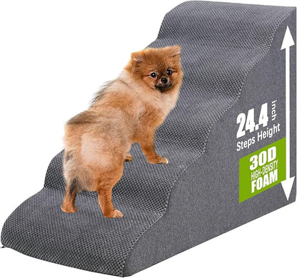 Dog Stairs&Steps for High Beds Up to 28'', 5-Step Dog Ramp for Small Medium Dogs with Washable Cover, Non-Slip Steps for Cats to Get on Couch and Sofa, Durable Foam Ladders, 24.4" Tall, Grey