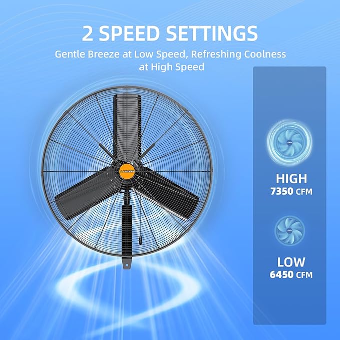 24 inch Outdoor Oscillating Wall Mounted Fan, High Velocity IPX4 Waterproof 7600 CFM Industrial Metal Wall Fan, 2 Speed, Adjustable Tilt, for Greenhouse, Patio, Garage, Workshop