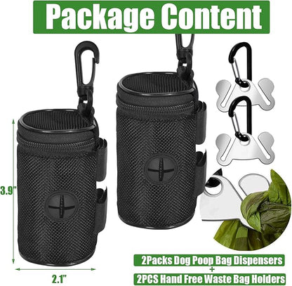 2 Pack Dog Poop Bag Holder for Leash Attachment - Waste Bag Dispenser for Leash - Fits Any Dog Leash - Portable Set with Hand Free Holder Metal Carrier, Black Round Shape