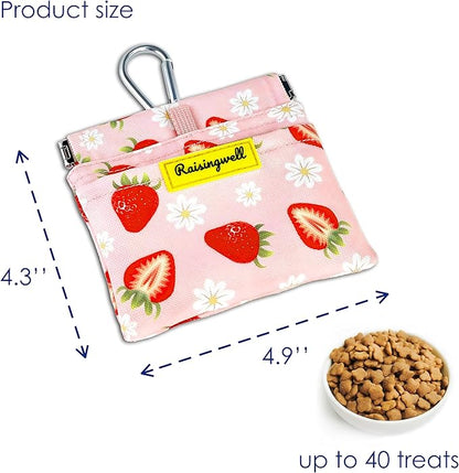 Dog Treat Pouch,Cotton Pocket Sized Training Holder, Hand Free Walking Funny Bag with Carabiner, Self-Closing Pet Feed Snack Reward, Behavior Aids for Puppy Travel or Outdoor Use（Strawberry）