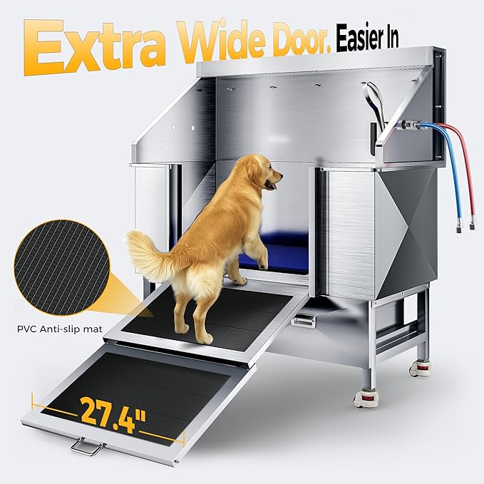 50" Dog Washing Station - 304 Stainless Steel, 27.4" Wide Ramp, Water-Storing Dog Bathing Station w/Swivel Wheels, Pet Proof Faucet, 2 Drawers, Dog Bathtub for Medium & Small Dogs
