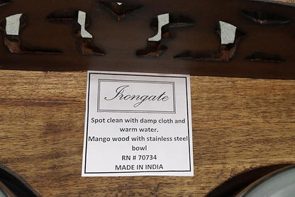 Elevated Pet Feeder for Dogs and Cats - Scroll Carved Wood Raised Dog Bowl Stand - Pet Feeding Stand with Two Steel Bowls - Raised Dog Bowl for Food and Water - Pet Feeding Station -17x11x4- IRONGATE