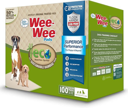 Four Paws Wee-Wee Superior Performance Bamboo Pee Pads for Dogs, Earth Friendly Dog & Puppy Potty Training Pads, Crate Liners, Housebreaking Supplies, 22" x 23" (100 Count)