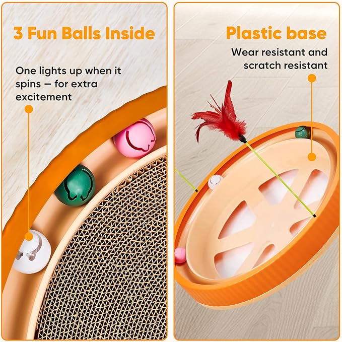 20-Inch Round Cat Scratcher with Ball Track – 3-in-1 Cardboard Cat Scratching Pad with Feather Toys, Non-Slip Base – Interactive Cat Toy for Indoor Cats, Kitten Scratch Play Lounge Board (Orange)