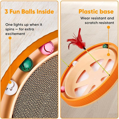 20-Inch Round Cat Scratcher with Ball Track – 3-in-1 Cardboard Cat Scratching Pad with Feather Toys, Non-Slip Base – Interactive Cat Toy for Indoor Cats, Kitten Scratch Play Lounge Board (Orange)