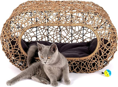 Fun Stackable Cat Condo for Indoor Cats - Interactive Play Faux Rattan Cat House for Indoor Cats Kitty, Pet Friendly Top/Side House Entry, Cat Bed Enclosed
